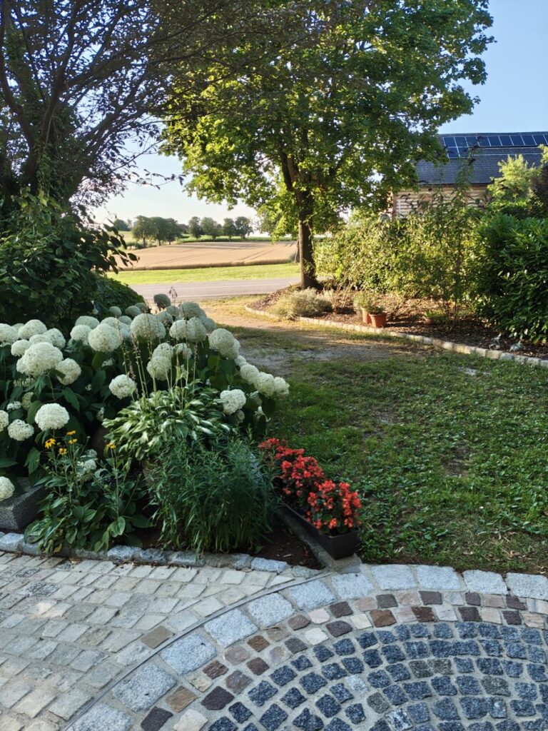 Ausblick vom Hortensiengarten in die ländliche Umgebung